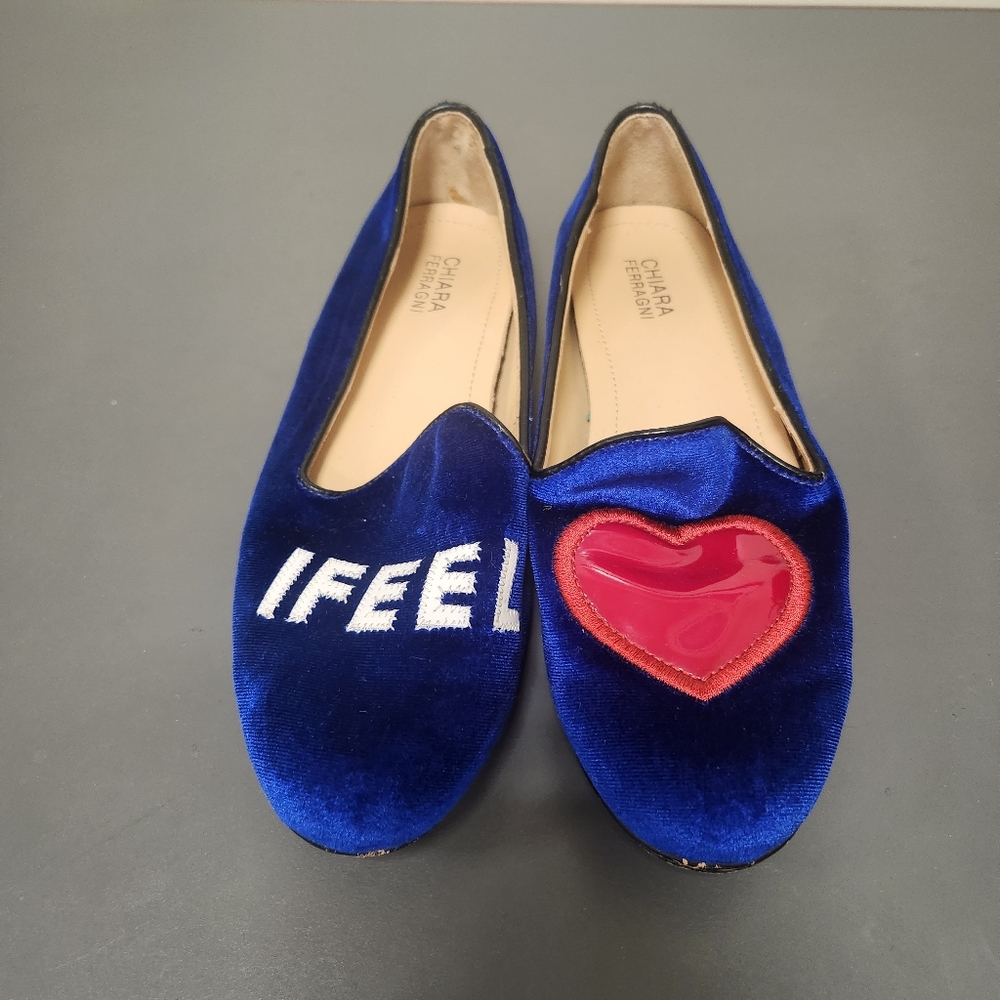 Chiara FERRAGNI "I  feel Love" blue velvet loafers flats Sz 35